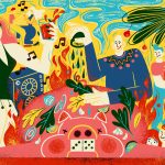 A colorful and dense illustration of a festive cuban pig roast in Miami